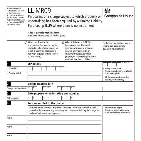 Document preview: Register a charge: property acquired by a limited liability partnership (LL MR09) — Companies House, United Kingdom