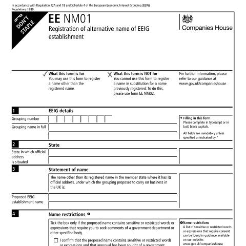 Document preview: Register an alternative name of an EEIG establishment (EE NM01) — Companies House, United Kingdom