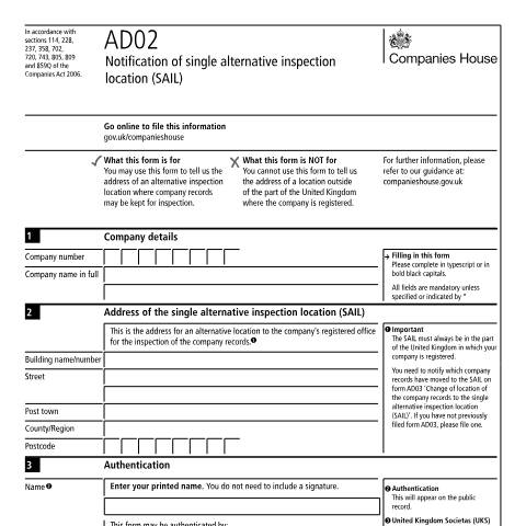 Document preview: Register a single alternative inspection location (AD02) — Companies House, United Kingdom