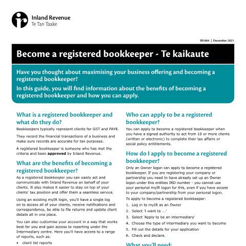 Document preview: Become a registered bookkeeper - Te kaikaute — Other, New Zealand (CERFA n°IR1064)