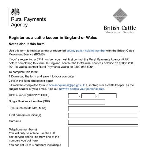 Document preview: Register as a cattle keeper with the British Cattle Movement Service — Rural Payments Agency, British Cattle Movement Service, United Kingdom