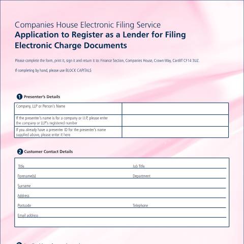 Document preview: Apply to register as a lender to file charge documents for a company — Companies House, United Kingdom