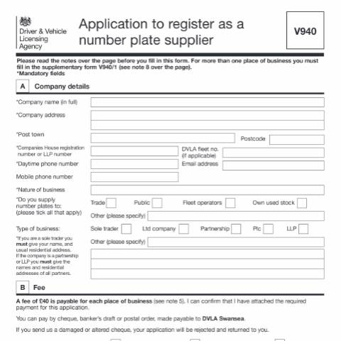 Document preview: Application to register as a number plate supplier (form V940) — Driver and Vehicle Licensing Agency, United Kingdom