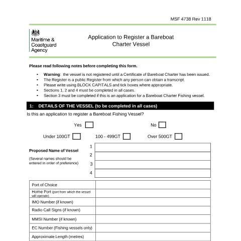 Document preview: How to register a bareboat charter ship MSF 4738 — Maritime and Coastguard Agency, United Kingdom