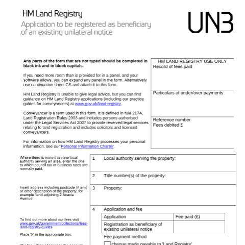 Document preview: Existing unilateral notice: register as a beneficiary (UN3) — HM Land Registry, United Kingdom
