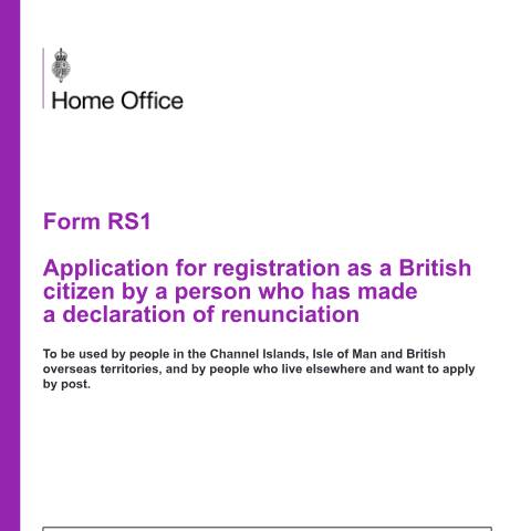Document preview: Register as a British citizen (form RS1) — UK Visas and Immigration, United Kingdom