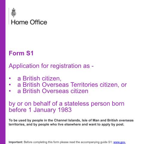 Document preview: Register as a British citizen - stateless person born before 1983 (form S1) — UK Visas and Immigration, United Kingdom