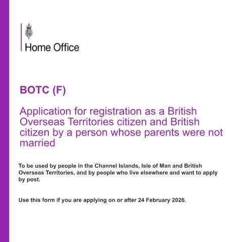 Document preview: Register as a British Overseas Territories citizen (form BOTC (F)) — UK Visas and Immigration, United Kingdom