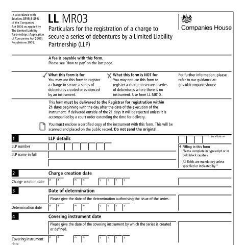 Document preview: Register charge to secure series of debentures for a limited liability partnership (LL MR03) — Companies House, United Kingdom