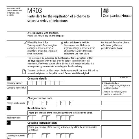 Document preview: Register a charge to secure a series of debentures (MR03) — Companies House, United Kingdom