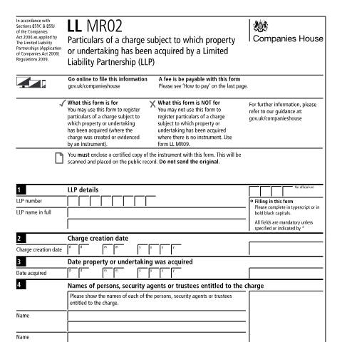 Document preview: Register a charge: property or undertaking acquired by limited liability partnership (LL MR02) — Companies House, United Kingdom