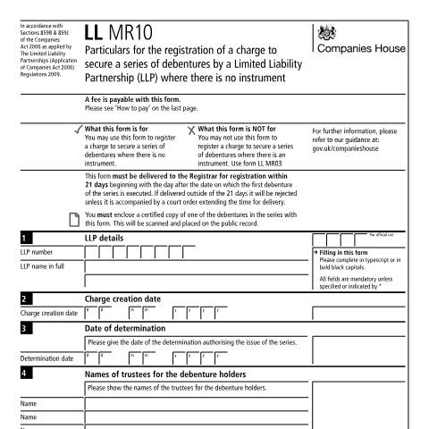 Document preview: Register a charge to secure debentures for a limited liability partnership (LL MR10) — Companies House, United Kingdom