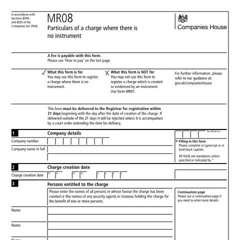 Document preview: Register a charge where there is no instrument (MR08) — Companies House, United Kingdom