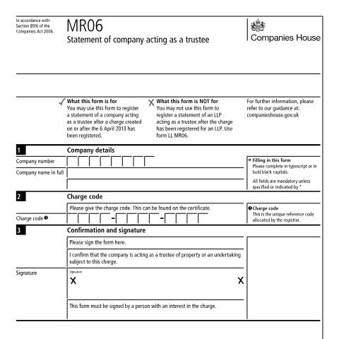 Document preview: Register a statement of a company acting as a trustee (MR06) — Companies House, United Kingdom