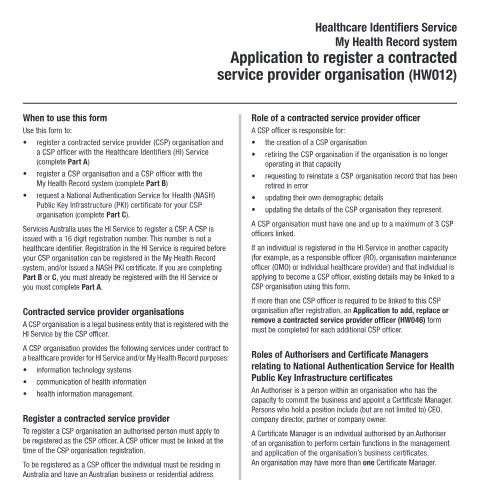 Document preview: HI Service - My Health Record system - application to register a contracted service provider organisation record form (HW012) — Services Australia — Health professionals, Australia (CERFA n°HW012)