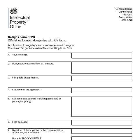 Document preview: Application to register a design which registration was deferred — Intellectual Property Office, United Kingdom