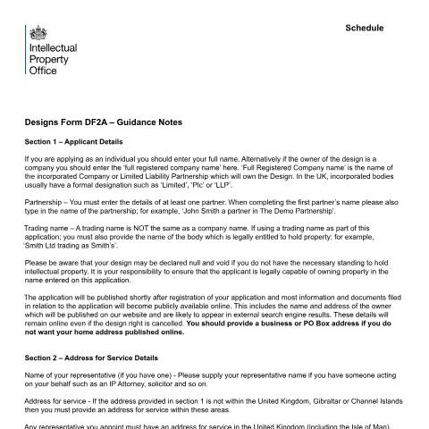 Document preview: Application to register one or more designs — Intellectual Property Office, United Kingdom