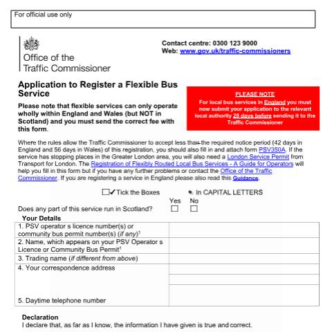 Document preview: Register a flexible bus service (PSV529) — Traffic Commissioners for Great Britain, United Kingdom