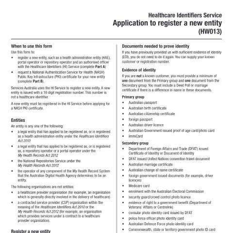 Document preview: Healthcare Identifiers Service - Application to register a new entity form (HW013) — Services Australia — Health professionals, Australia (CERFA n°HW013)