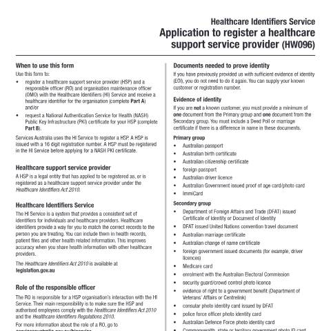 Document preview: HI Service - application to register a healthcare support service provider  form (HW096) — Services Australia — Health professionals, Australia (CERFA n°HW096)