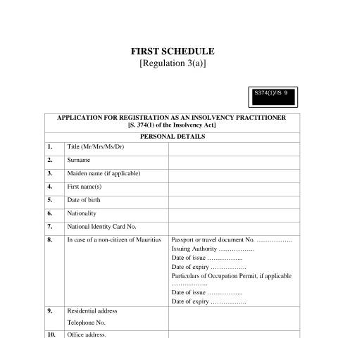 Document preview: Application for Registration as an Insolvency Practitioner _IS9 — Form, Mauritius (CERFA n°Application-for-Registration-as-an-Insolvency-Practitioner-_IS9)