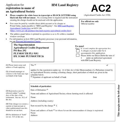 Document preview: Registration in Agricultural Society's name: application (AC2) — HM Land Registry, United Kingdom
