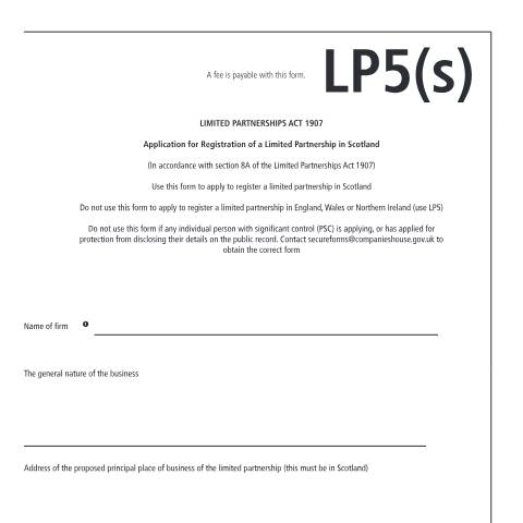 Document preview: Apply for a registration of a limited partnership in Scotland (LP5(s)) — Companies House, United Kingdom