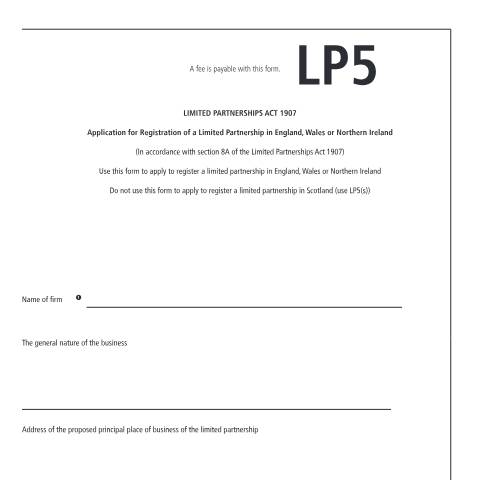 Document preview: Apply for a registration of a limited partnership (LP5) — Companies House, United Kingdom