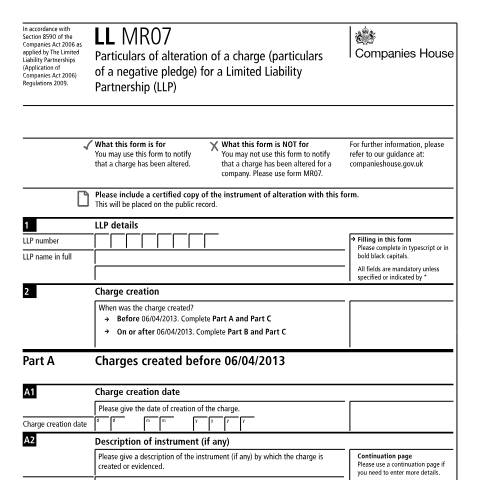 Document preview: Register particulars of alteration of a charge of a limited liability partnership (LL MR07) — Companies House, United Kingdom