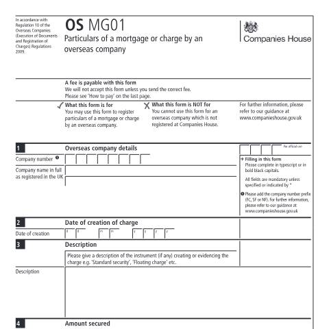 Document preview: Register particulars of mortgage or charge by overseas company (OS MG01) — Companies House, United Kingdom