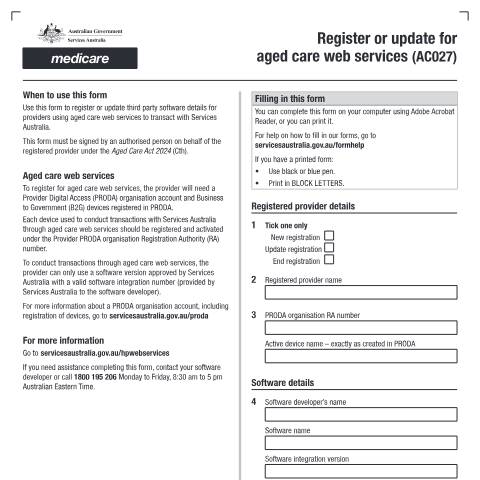 Document preview: Register or update for aged care web services form (AC027) — Services Australia — Health professionals, Australia (CERFA n°AC027)