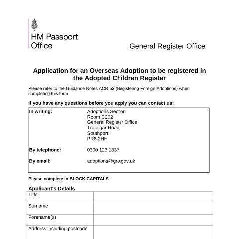 Document preview: Registering an overseas adoption in the Adopted Children Register — HM Passport Office, United Kingdom