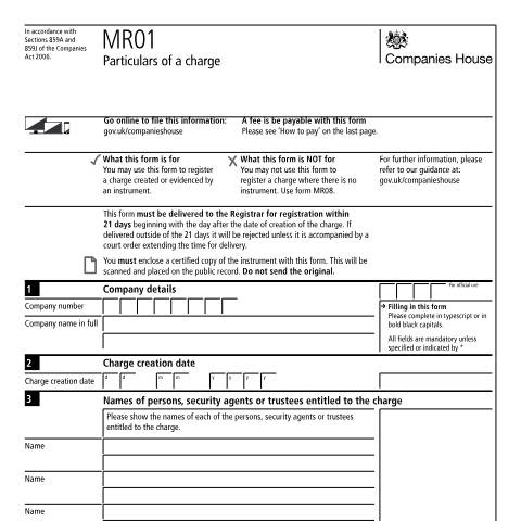 Document preview: Register particulars of a charge (MR01) — Companies House, United Kingdom
