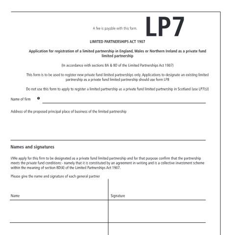 Document preview: Apply for registration as a private fund limited partnership (LP7) — Companies House, United Kingdom