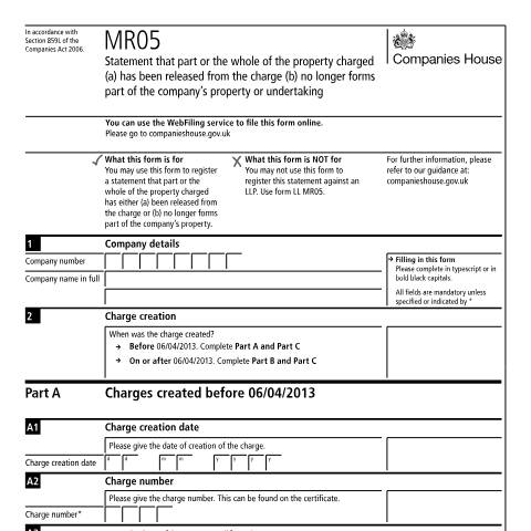 Document preview: Register a statement: property released in part or whole (MR05) — Companies House, United Kingdom