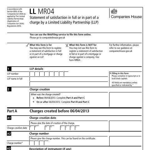 Document preview: Register a statement of satisfaction by a limited liability partnership (LL MR04) — Companies House, United Kingdom
