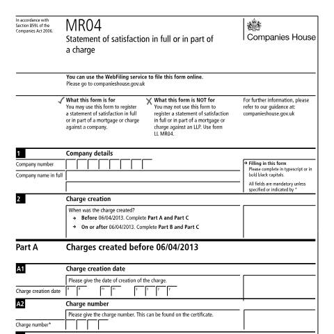 Document preview: Register a statement of satisfaction (MR04) — Companies House, United Kingdom