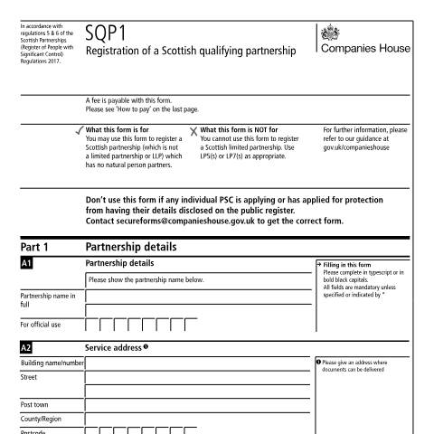 Document preview: Register a Scottish qualifying partnership (SQP1) — Companies House, United Kingdom