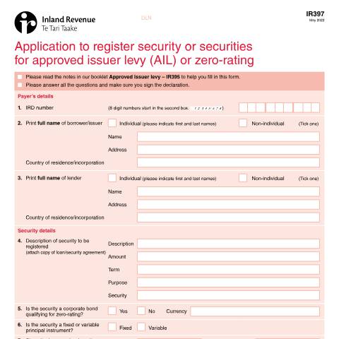 Document preview: Application to register security or securities for approved issuer levy (AIL) — Managing my tax, New Zealand (CERFA n°IR397)