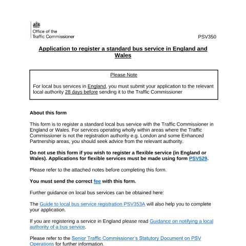 Document preview: Register a bus service (PSV350) — Traffic Commissioners for Great Britain, United Kingdom