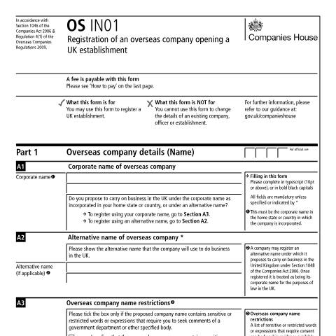 Document preview: Register a UK establishment of an overseas company (OS IN01) — Companies House, United Kingdom