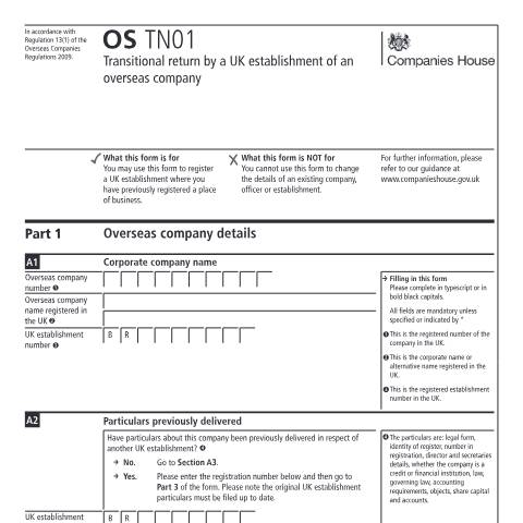 Document preview: Register a transitional return by a UK establishment of an overseas company (OS TN01) — Companies House, United Kingdom