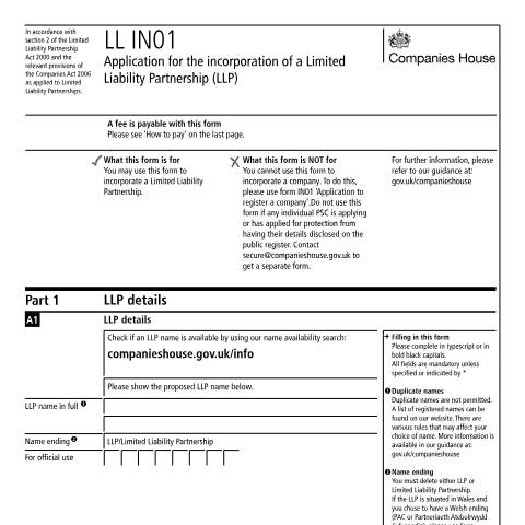 Document preview: Register a limited liability partnership (LL IN01) — Companies House, United Kingdom