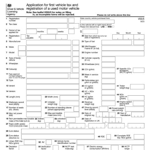 Document preview: Register a used vehicle for the first time (V55/5) — Driver and Vehicle Licensing Agency, United Kingdom