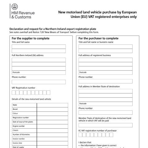 Document preview: Register a new vehicle bought by an EU VAT-registered enterprise — HM Revenue & Customs, United Kingdom