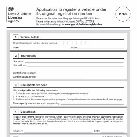 Document preview: Register a vehicle under its original registration number (form V765) — Driver and Vehicle Licensing Agency, United Kingdom