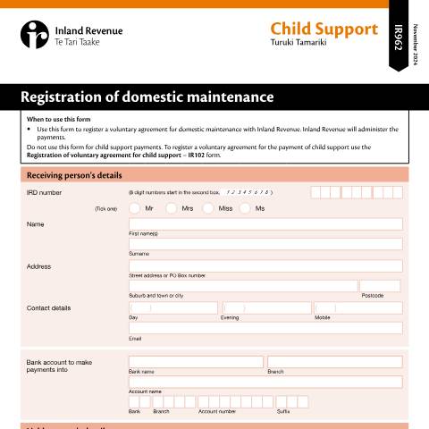 Document preview: Registration of domestic maintenance — Child support, New Zealand (CERFA n°IR962)