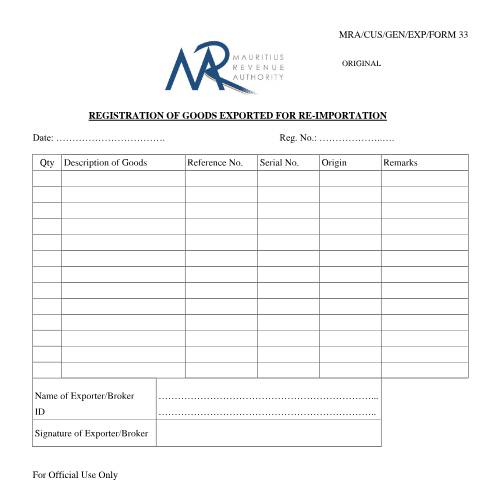Document preview: Registration of goods exported for re-importation — Document, Mauritius (CERFA n°MRA-CUS-GEN-EXP-FORM33)