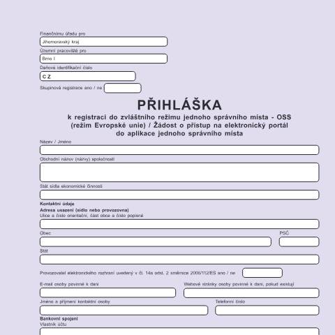 Document preview: Přihláška k registraci do zvláštního režimu jednoho správního místa (režim Evropské unie) / Žádost o přístup na elektronický portál do aplikace jednoho správního místa — Daň z přidané hodnoty — Registrace, Česko (CERFA n°25 5130)