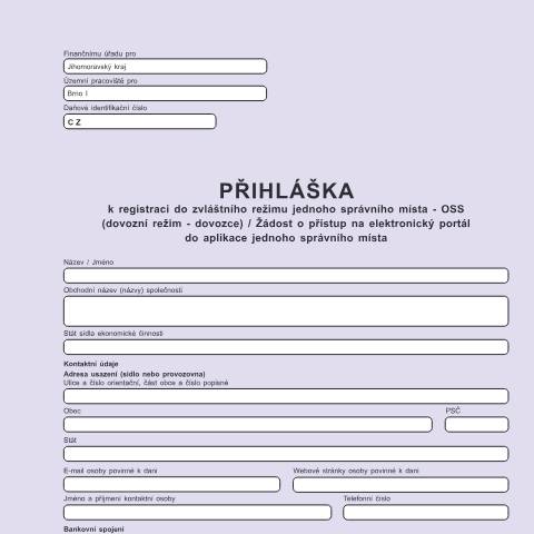 Document preview: Přihláška k registraci do zvláštního režimu jednoho správního místa - OSS (dovozní režim - dovozce) / Žádost o přístup na elektronický portál do aplikace jednoho správního místa — Daň z přidané hodnoty — Registrace, Česko (CERFA n°25 5133)